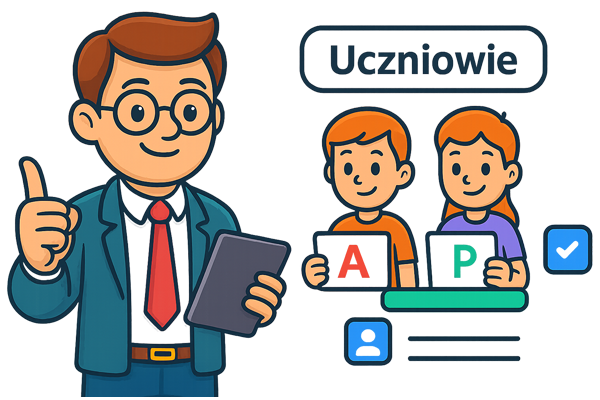 Nauczyciel i uczniowie z ocenami A i P